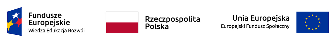 Logotypy projektowe, flaga Rzeczpospolitej Polskiej, Unii Europejskiej praz Funduszy Europejskich Wiedza Edukacja Rozwój